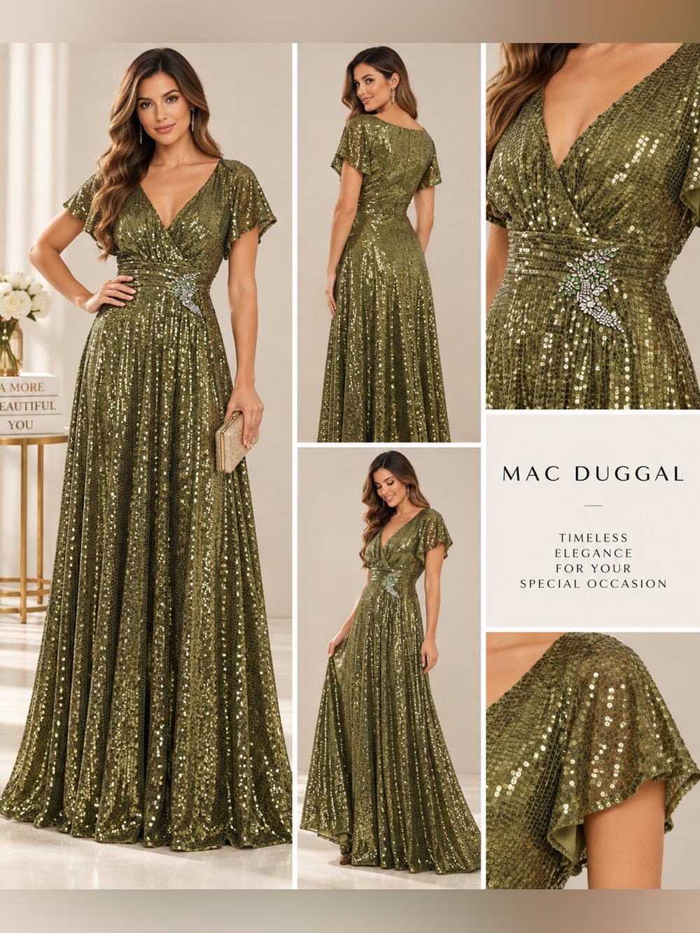 Mac Duggal Olive Sequin Embellished Formal Maxi Gown Size 4 NWT